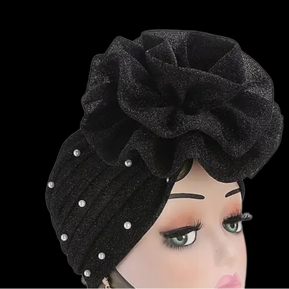 Fashion beaded pearl Shiny  mesh black bow elephant turban - Picture 6 of 11